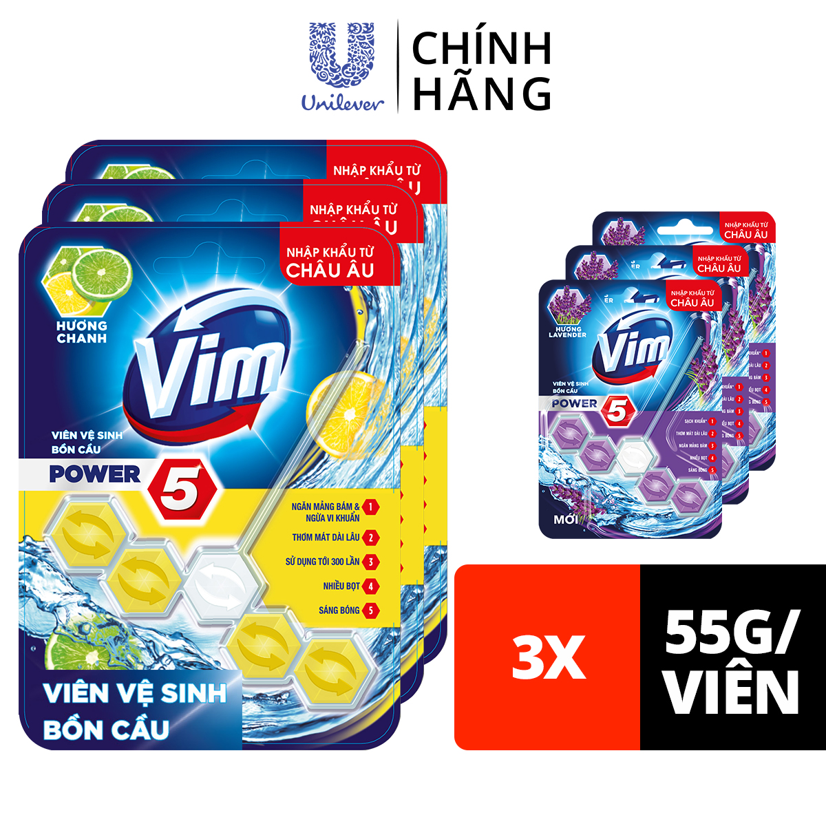 Combo Viên tẩy bồn cầu 55G x 3 VIM Power 5 hương Chanh Sạch Khuẩn Thơm Mát suốt 30 ngày