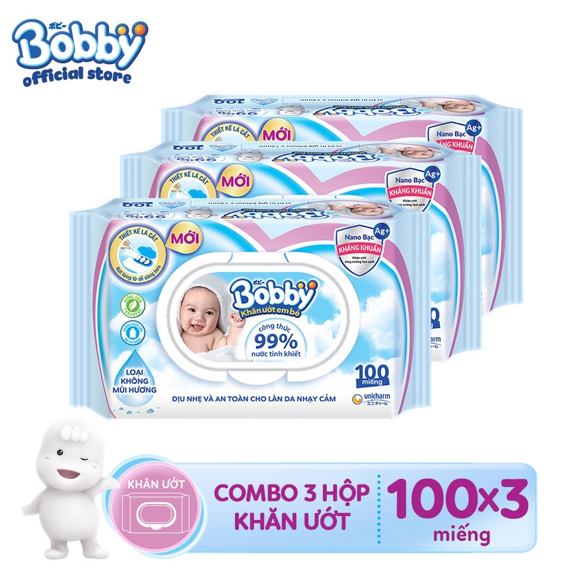 Combo 3 gói Khăn giấy ướt Bobby Nano Bạc kháng khuẩn không mùi 100 tờ (Xanh) + Tặng 1 gói khăn ướt (xanh)