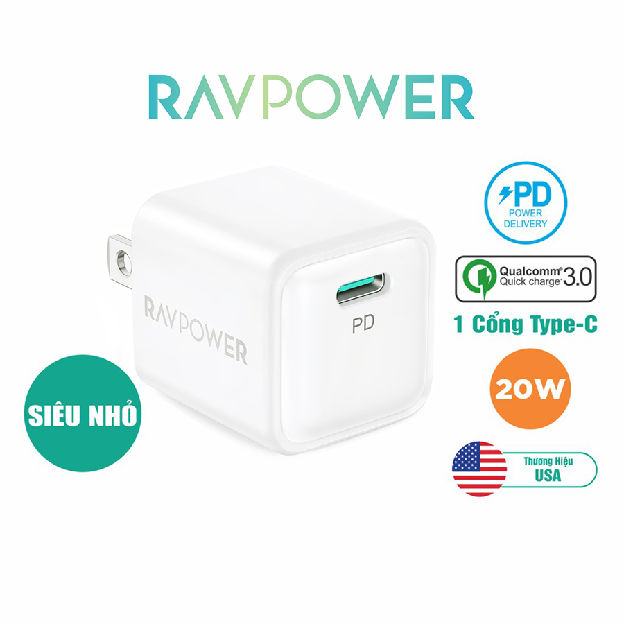 Adapter Củ Sạc Siêu Nhỏ RAVPower RP-PC150 USB Type C PD 20W Sạc Nhanh iPhone, iPad, Android - Hàng Chính Hãng