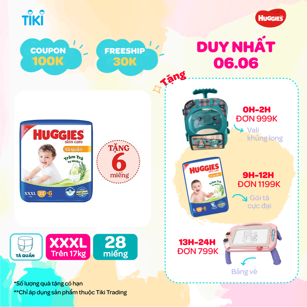 Tã/bỉm quần HUGGIES SKINCARE gói JUMBO size XXXL 22+6 miếng