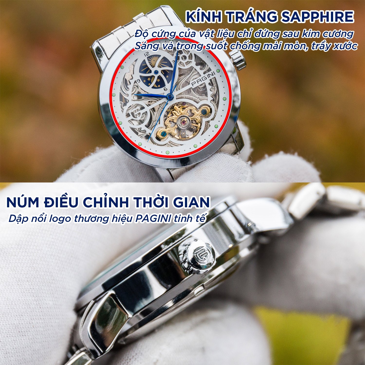 Đồng hồ cơ nam PAGINI PA01 dây thép không gỉ - Thiết kế lộ máy cực phong cách