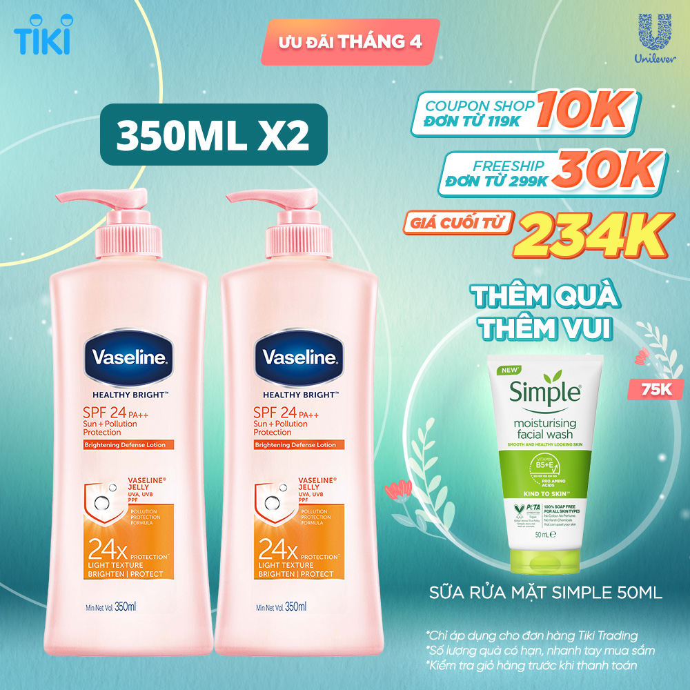 Combo 2 Sữa dưỡng thể chống nắng và dưỡng sáng SPF24 PA++VASELINE Healthy Bright Sun + Pollution Protection 350ML/chai