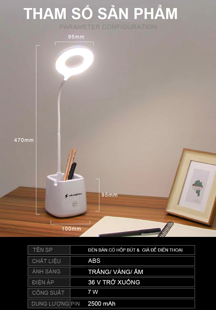 Đèn Bàn Học Đọc Sách, Làm Việc LED Chống Cận, Cảm Ứng Tích Điện Pin 2500mAh Elights BT-618