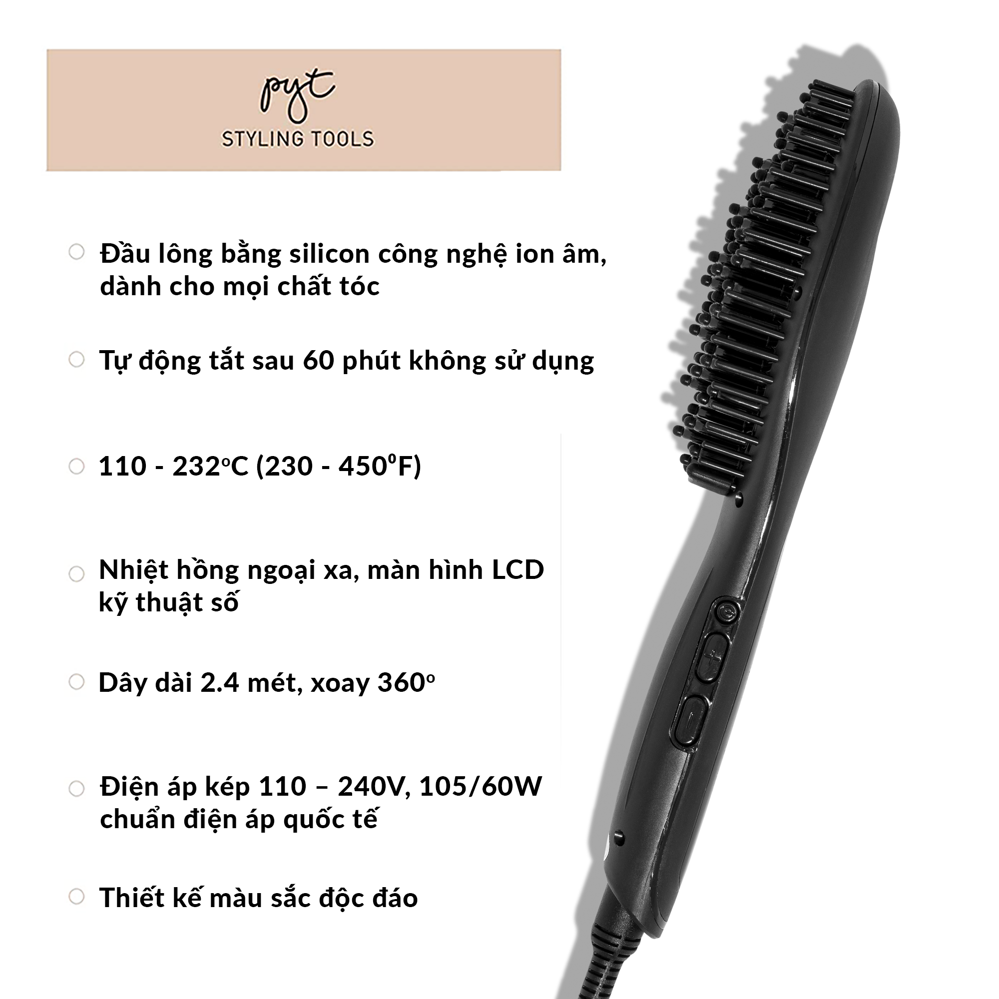 Lược Điện Tạo Kiểu Tóc PYT Thermal Styling Brush - Màu Đen - Có Thể Duỗi Và Làm Phồng Chân Tóc Với Công Nghệ Ion Âm Và Nhiệt Hồng Ngoại Xa