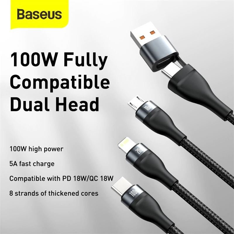 Cáp sạc nhanh 3 đầu Baseus Flash Series 3in1 Plus (USB+ Type C to Micro+Lightning + Type C, 100W Quick Charge and Data C) - Hàng Chính Hãng