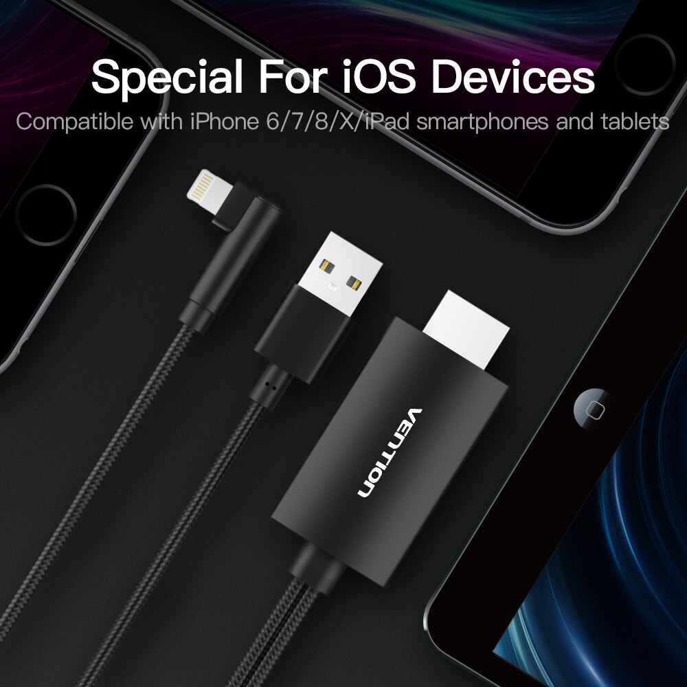 Cáp chuyển Lightning to HDMI VENTION, nối điện thoại Iphone với Tivi dài 2m CEJBH - Hàng chính hãng