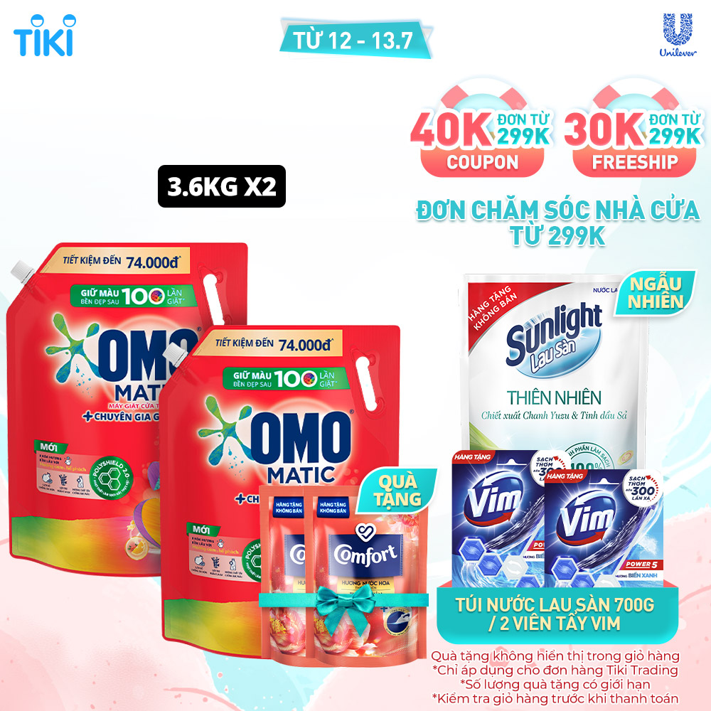 Combo 2 Túi Nước giặt OMO Matic Hương Cam &amp; Hổ phách Chuyên gia giữ màu Cho máy giặt cửa trên 3.6kg + 2 Nước Xả Comfort 120ml Ngẫu Nhiên