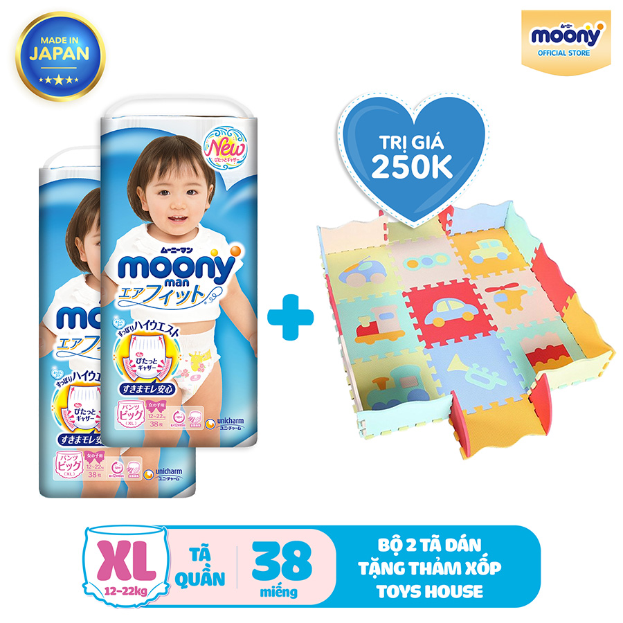 Combo 2 Gói Tã Quần Cao Cấp Moony Nhật Bản Bé Gái XL38 (38 Miếng/Gói) - Tặng 1 Thảm Xốp Quây