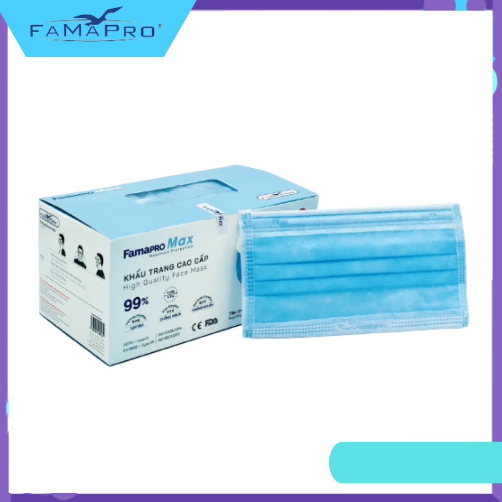 [[ Xuất Khẩu Mỹ ]] - Khẩu Trang Y Tế Cao Cấp Famapro Người Lớn - 4 Lớp Max (40 Cái / Hộp) - BFE, VFE, PFE ≥ 99% Lọc Khuẩn, Bụi, Virus Tốt Nhất - MÀU XANH