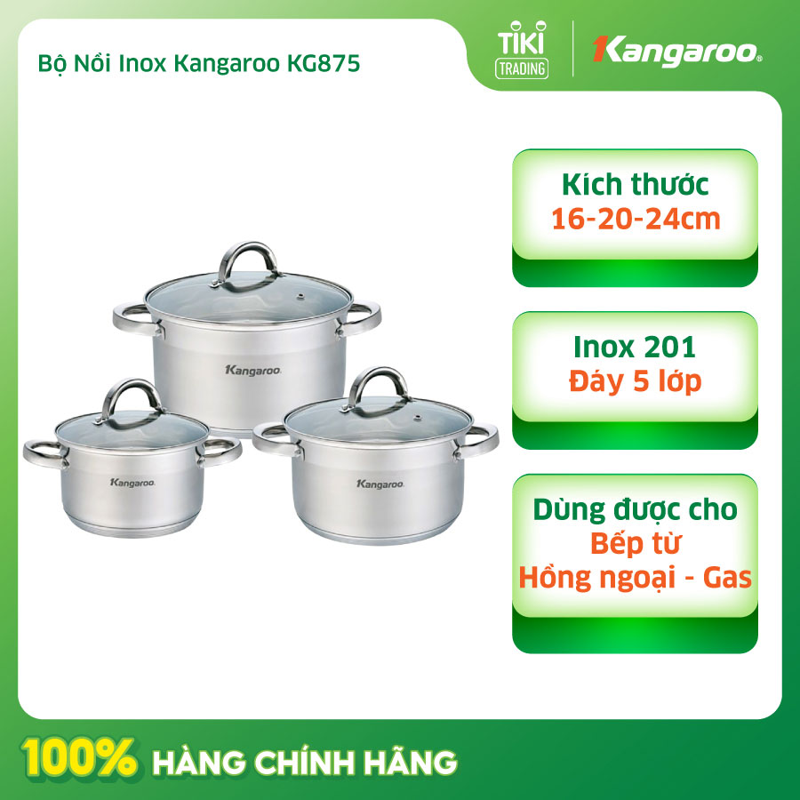 Bộ 3 Nồi Inox Nắp Kính Đáy 5 Lớp Kangaroo KG875