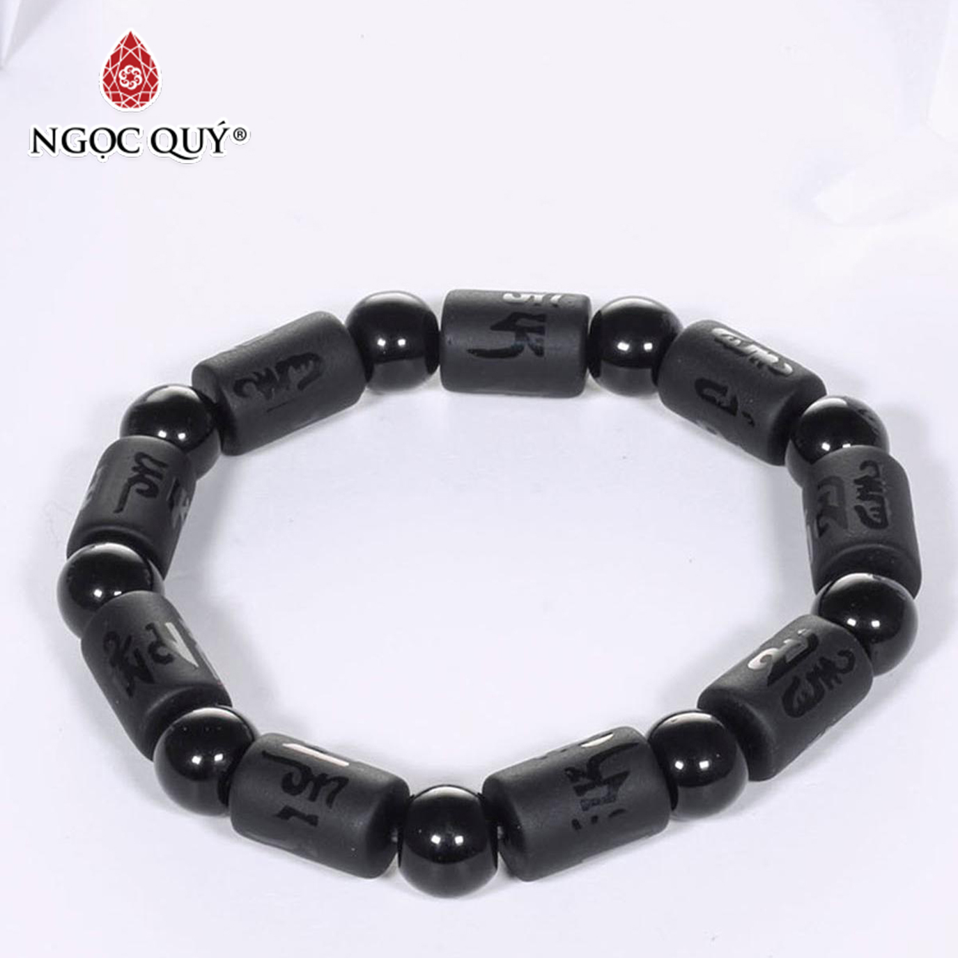 Vòng tay đá obsidian đốt trụ lục tự đại minh chú mệnh thủy, kim - Ngọc Quý Gemstones