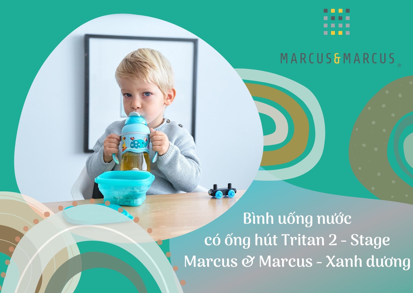 Bình uống nước có ống hút cho bé Tritan 2-Stage Marcus & Marcus, từ 12 tháng - Xanh dương