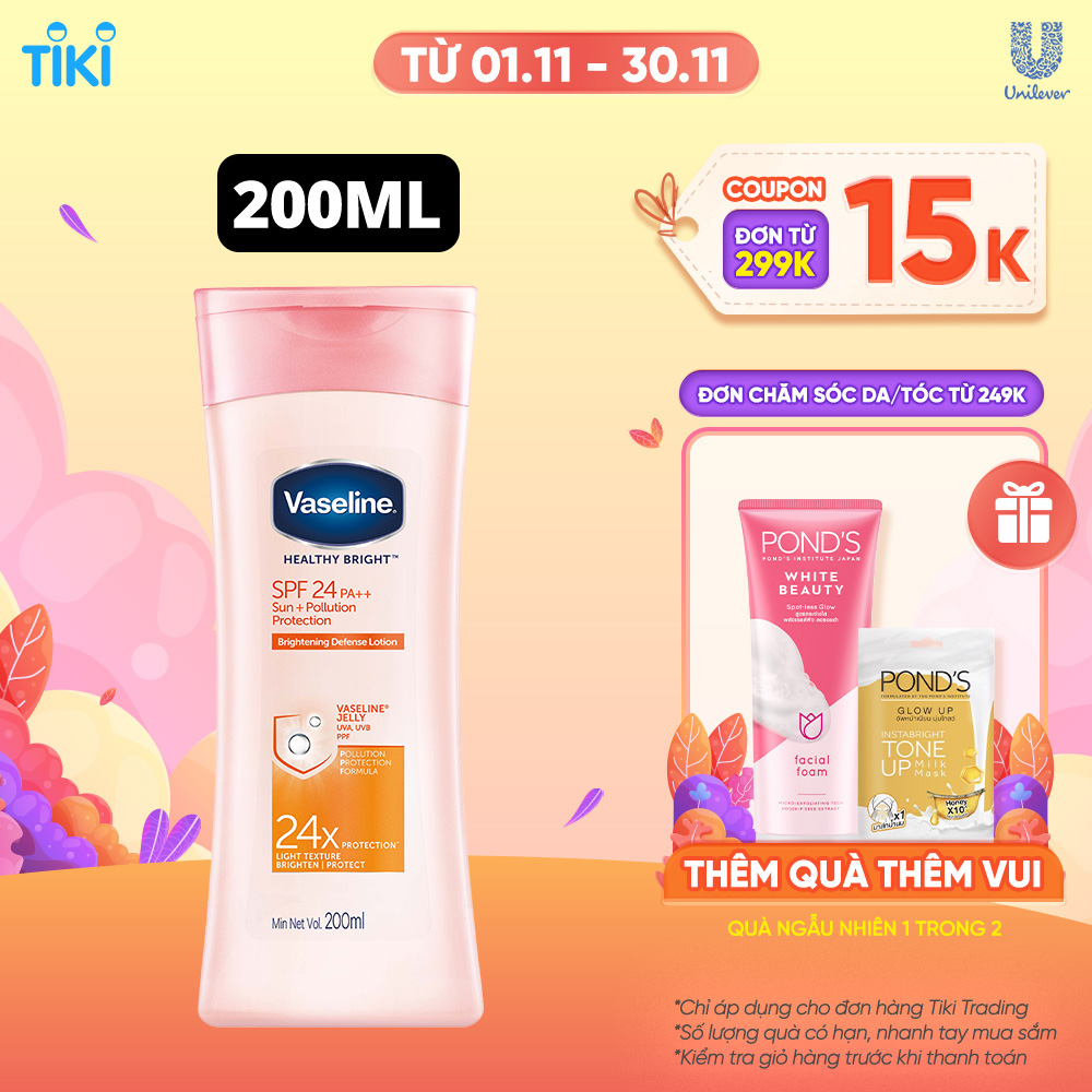 Sữa Dưỡng Thể 200Ml Vaseline Dưỡng Ẩm Sáng Da Chống Nắng Spf24Pa++ Sun + Pollution Protection Bảo Vệ Da Tới 4H Với Spf 24 Pa++