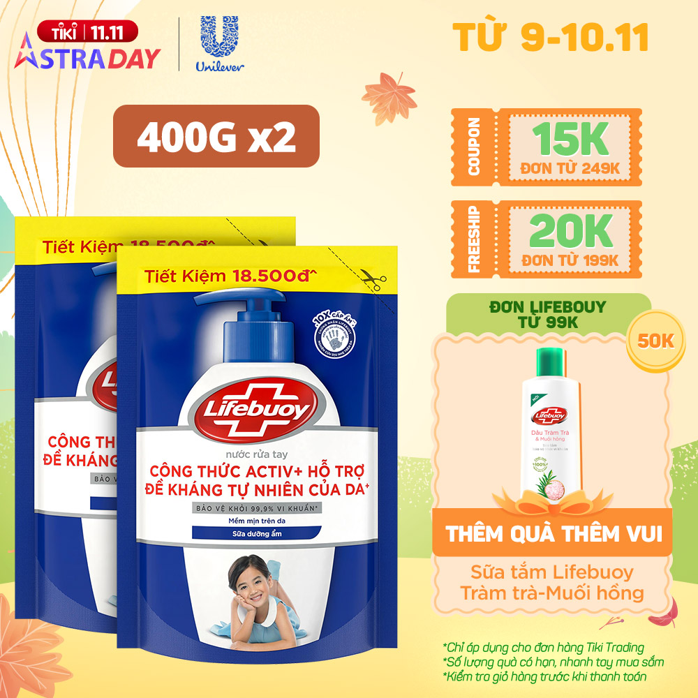 Combo 2 Nước rửa tay Lifebuoy sữa dưỡng ẩm túi 400g