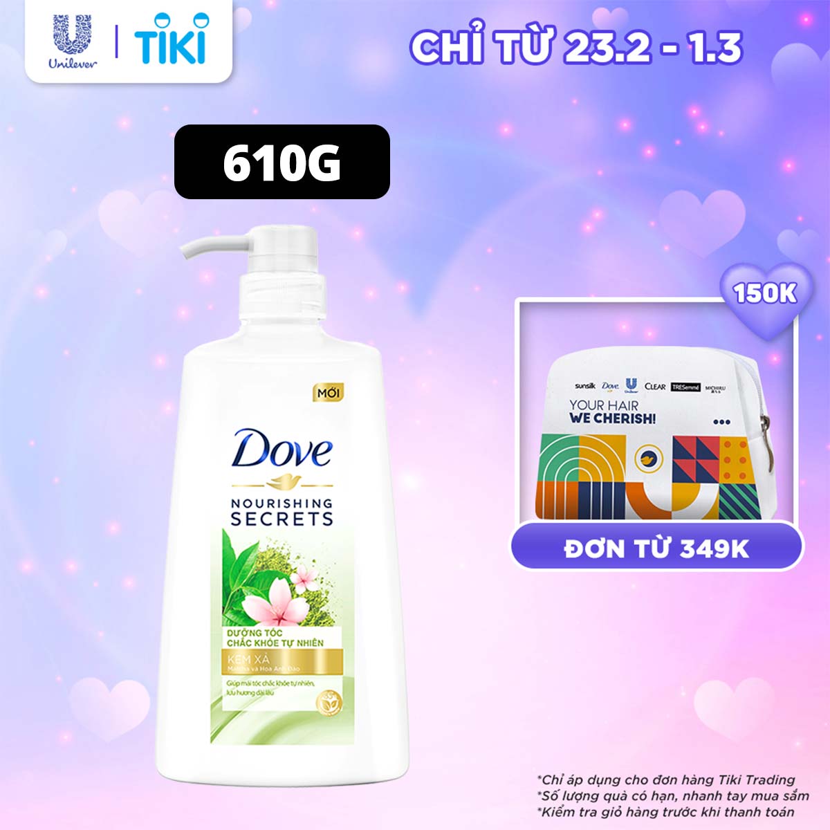 Kem xả Dove Matcha và Hoa Anh Đào - Dưỡng Tóc Chắc Khỏe Tự Nhiên 610gr