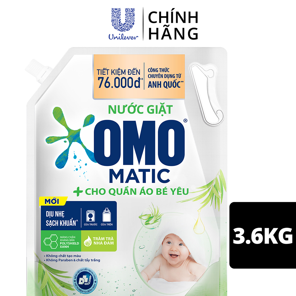 Túi Nước Giặt Omo Matic Cho Quần Áo Bé Yêu Chiết Xuất Tràm Trà Và Nha Đam Dịu Nhẹ, Sạch Khuẩn 3.6Kg