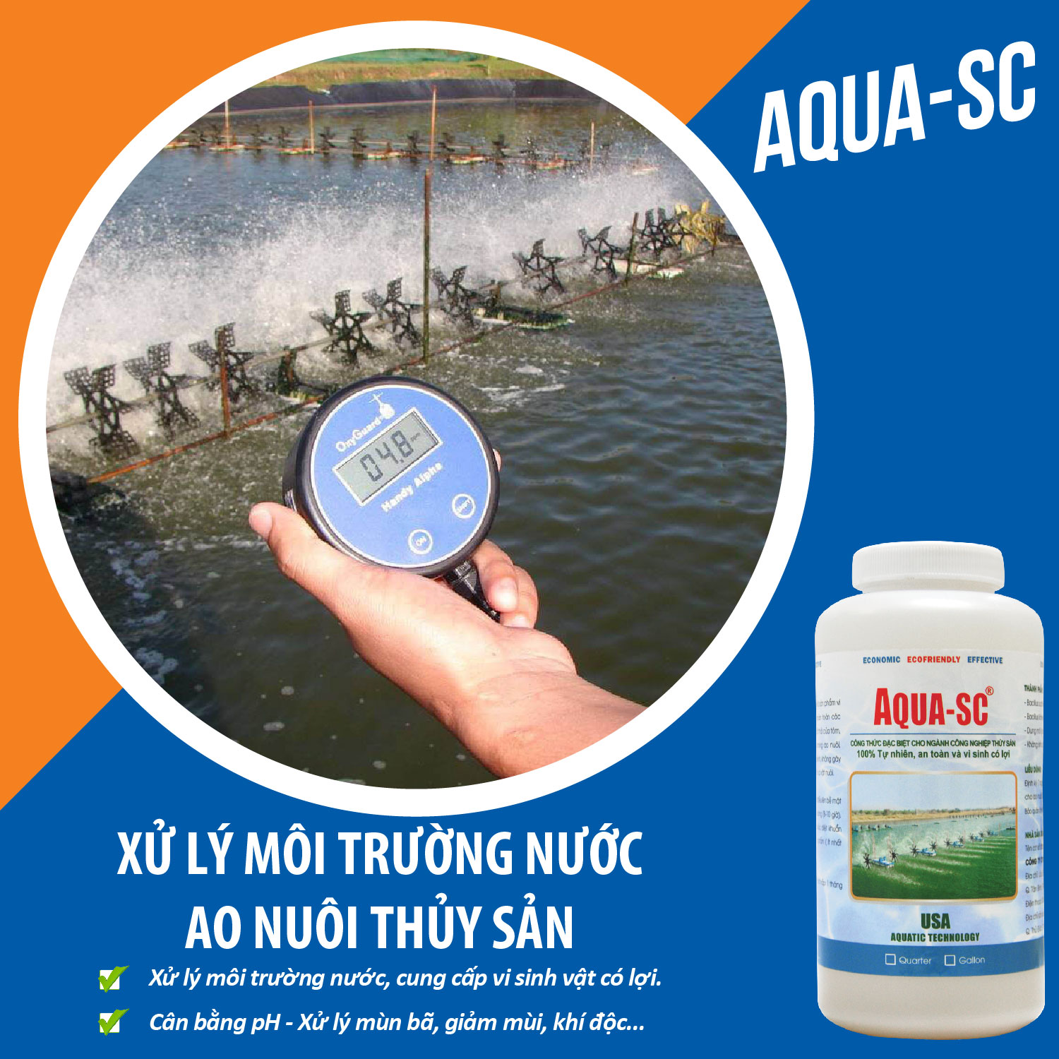 AQUA SC - Vi sinh xử lý nước hồ cá cảnh, cá koi, cá chép, nước ao nuôi trồng thủy sản - Chai 1 quarter