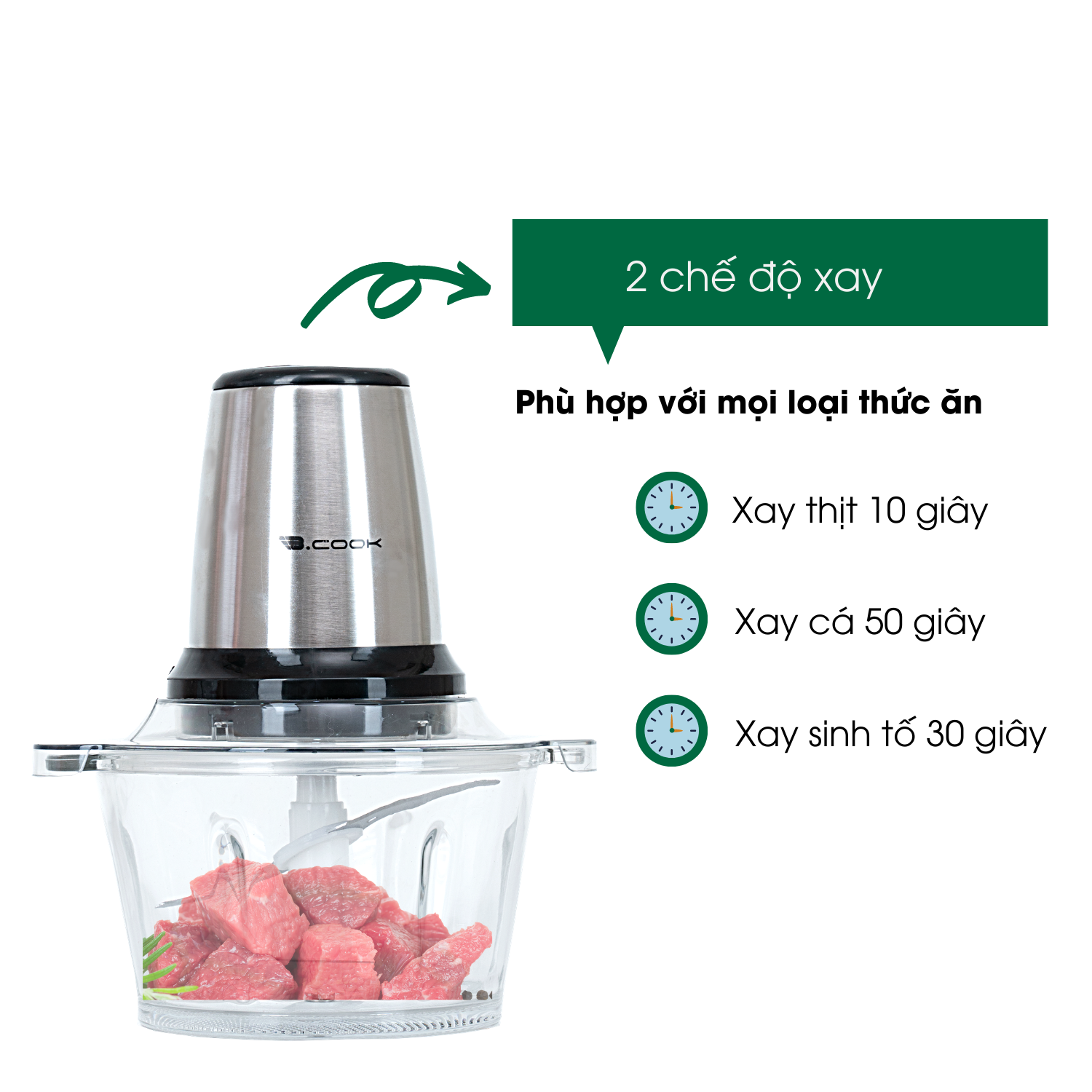 Máy xay thịt, xay cá, xay rau củ, xay đa năng, 2 lưỡi dao kép cối thuỷ tinh BCOOK BC02(350W) - Hàng chính hãng