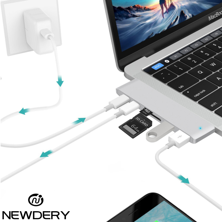 Hub chia USB Type-C 6 Cổng TYPE-C/USB 3.0/SD/TF Newdery 9634 - Hàng chính hãng