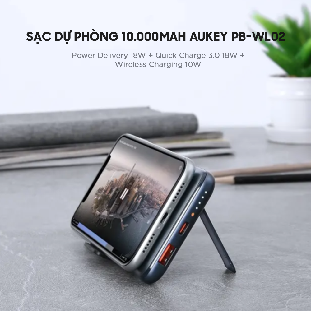 Sạc Dự Phòng Aukey PB-WL02 10.000 mAh, Sạc Nhanh PD 18W, QC 3.0, Sạc Không Dây Qi 10W, Tích Hợp Giá Đỡ - Hàng Chính Hãng