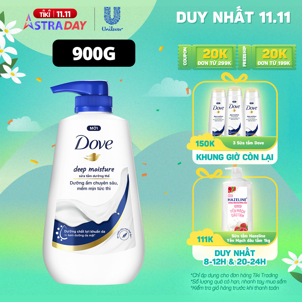 Sữa tắm dưỡng thể Dove Deep Moisture Dưỡng ẩm chuyên sâu với dưỡng chất lợi khuẩn da 900g