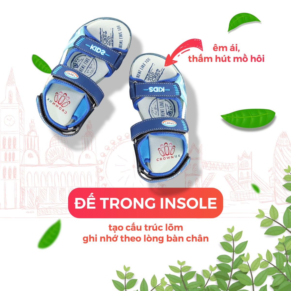 Dép Quai Hậu Cho Bé Trai Đi Học Thời Trang Cao Cấp Crown Space UK Active Sandal CRUK523 Da Nhẹ Êm Thoáng Khí Thấm Hút Mồ Hôi Cho Trẻ Size từ 26-35/2-14 Tuổi