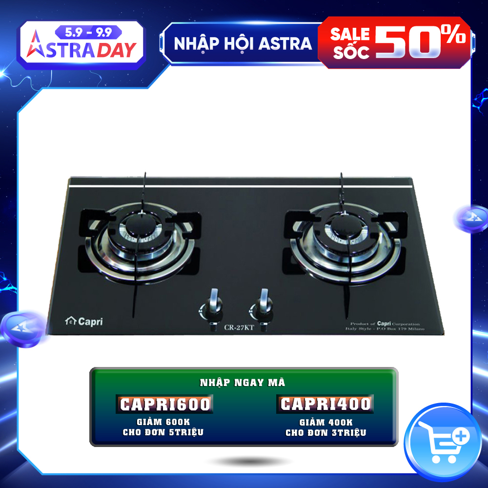 Bếp gas âm kính 2 vùng nấu Capri CR-27KT | Hàng chính hãng