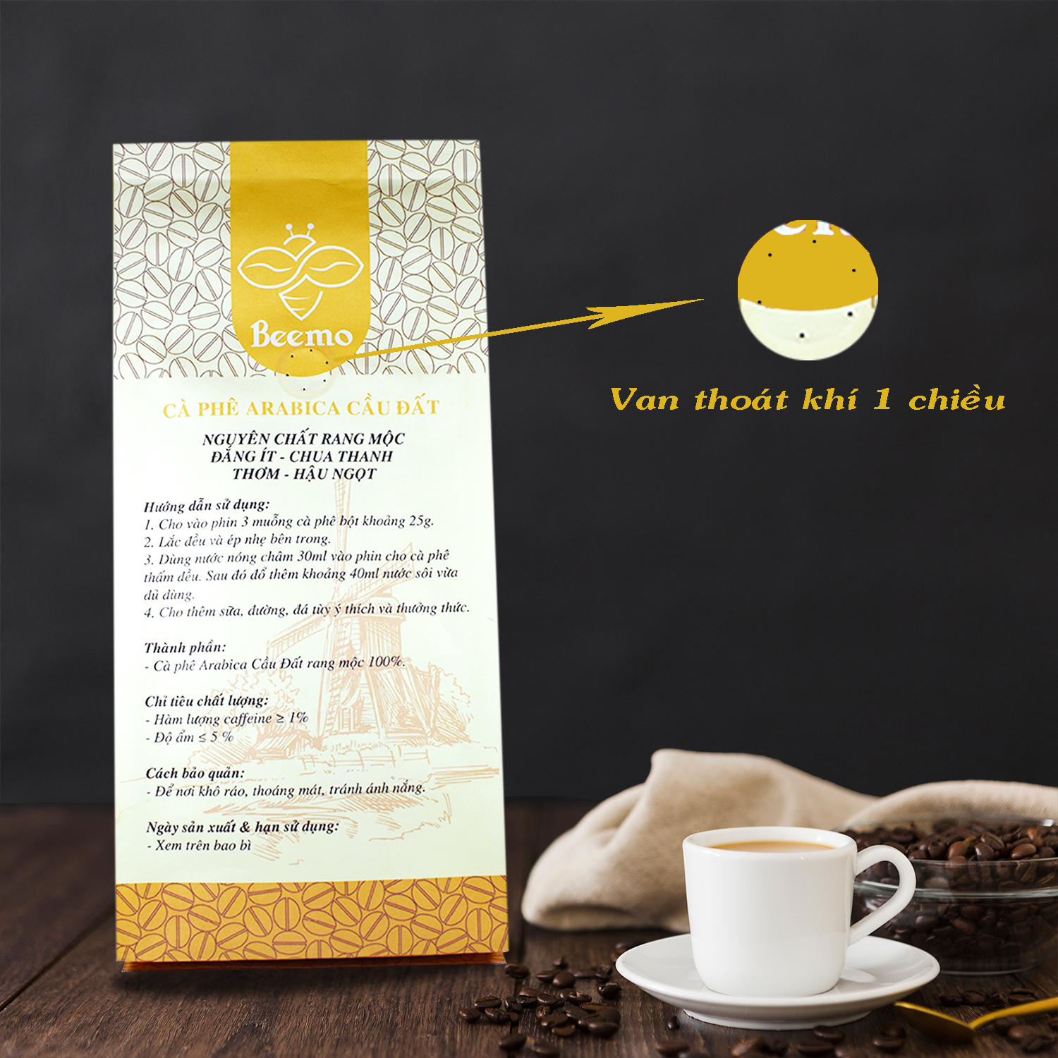 Cà phê nguyên chất Arabica Cầu Đất, cafe mộc rang xay Beemo 500g - Đắng ít, chua thanh, thơm, hậu vị ngọt