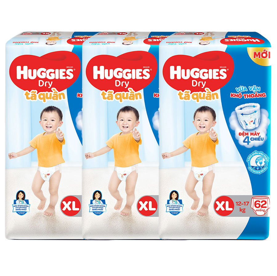 Combo 3 Gói Tã Quần Huggies Dry Gói Cực Đại XL62 (62 Miếng) - Bao Bì Mới