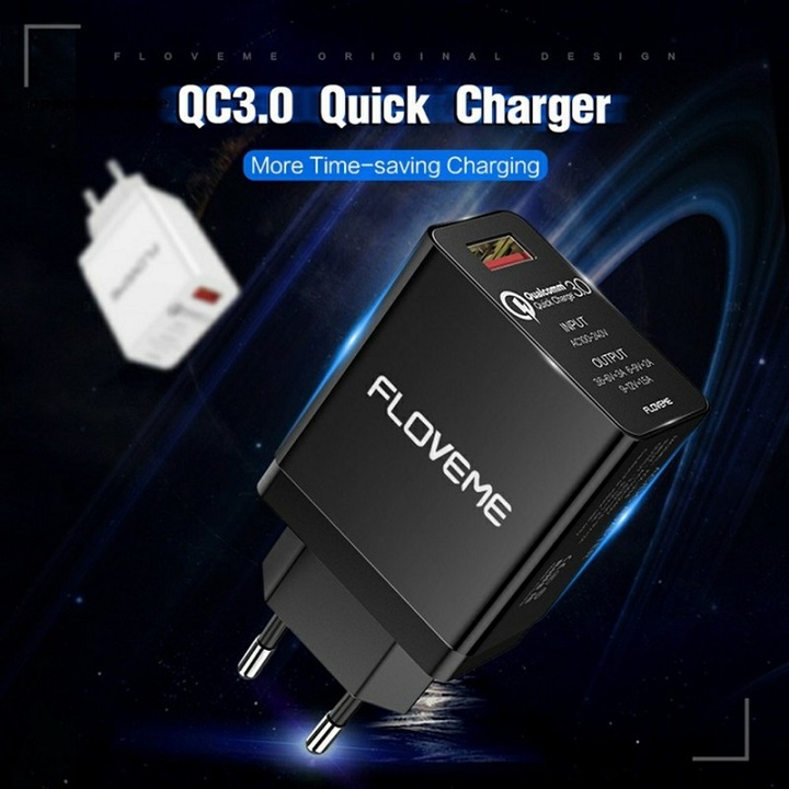 Củ sạc nhanh Floveme Quick Charge 3.0 chip Qualcomm sạc đầy điện thoại, máy tính bảng trong thời gian ngắn.