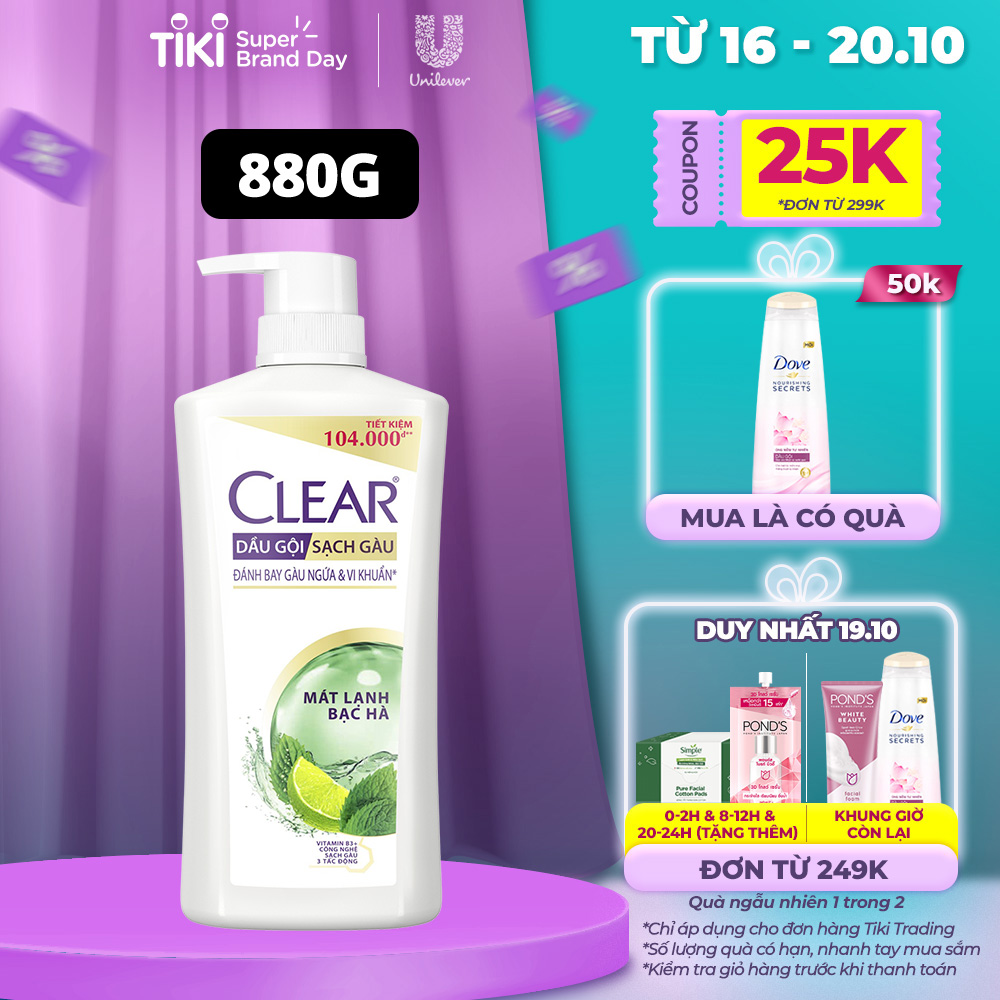 Dầu Gội Clear Sạch Gàu Dầu Gội Sạch Gàu Mát Lạnh Bạc Hà 3X Sức Mạnh Đánh Bay Gàu, Ngứa, Vi Khuẩn 880G