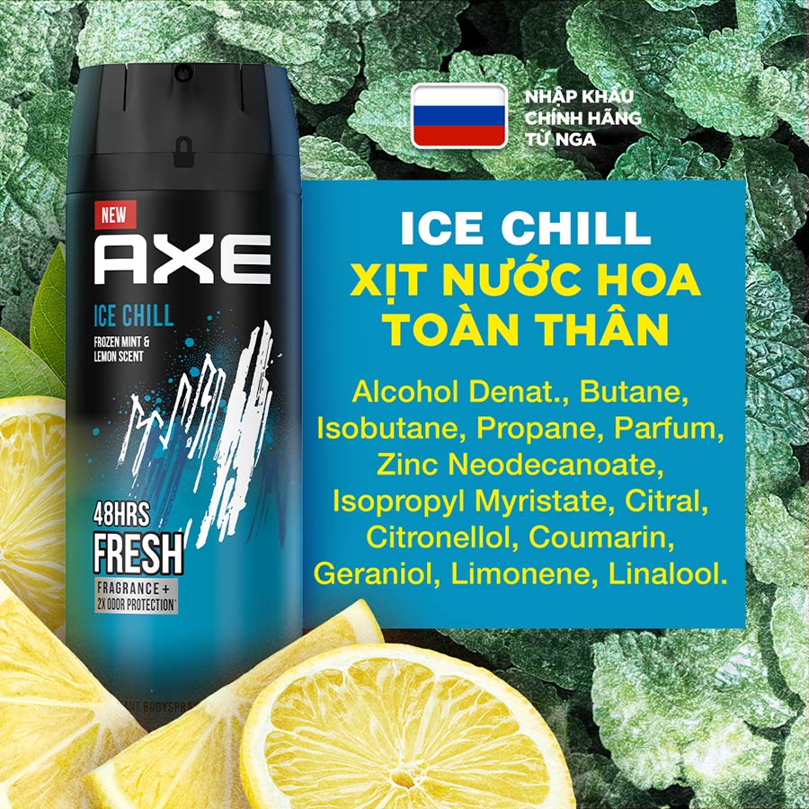 Xịt nước hoa toàn thân Axe Ice Chill Khử mùi cho nam Hương thơm Sảng khoái mát lạnh từ chanh tươi, bạc hà ướp lạnh 135ml