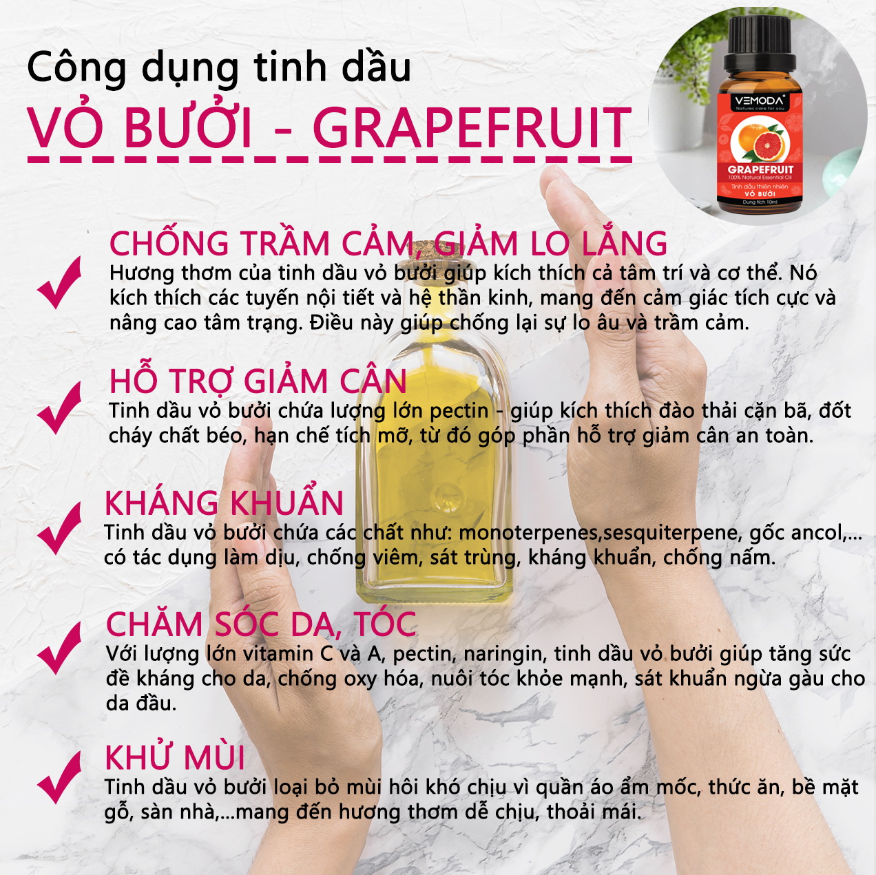 Tinh dầu Vỏ bưởi HG. Grapefruit Essential Oil 10ML. Tinh dầu xông phòng giúp kháng khuẩn, thanh lọc không khí, thư giãn, hỗ trợ giảm cân, chăm sóc da tóc. Tinh dầu thơm phòng cao cấp Vemoda