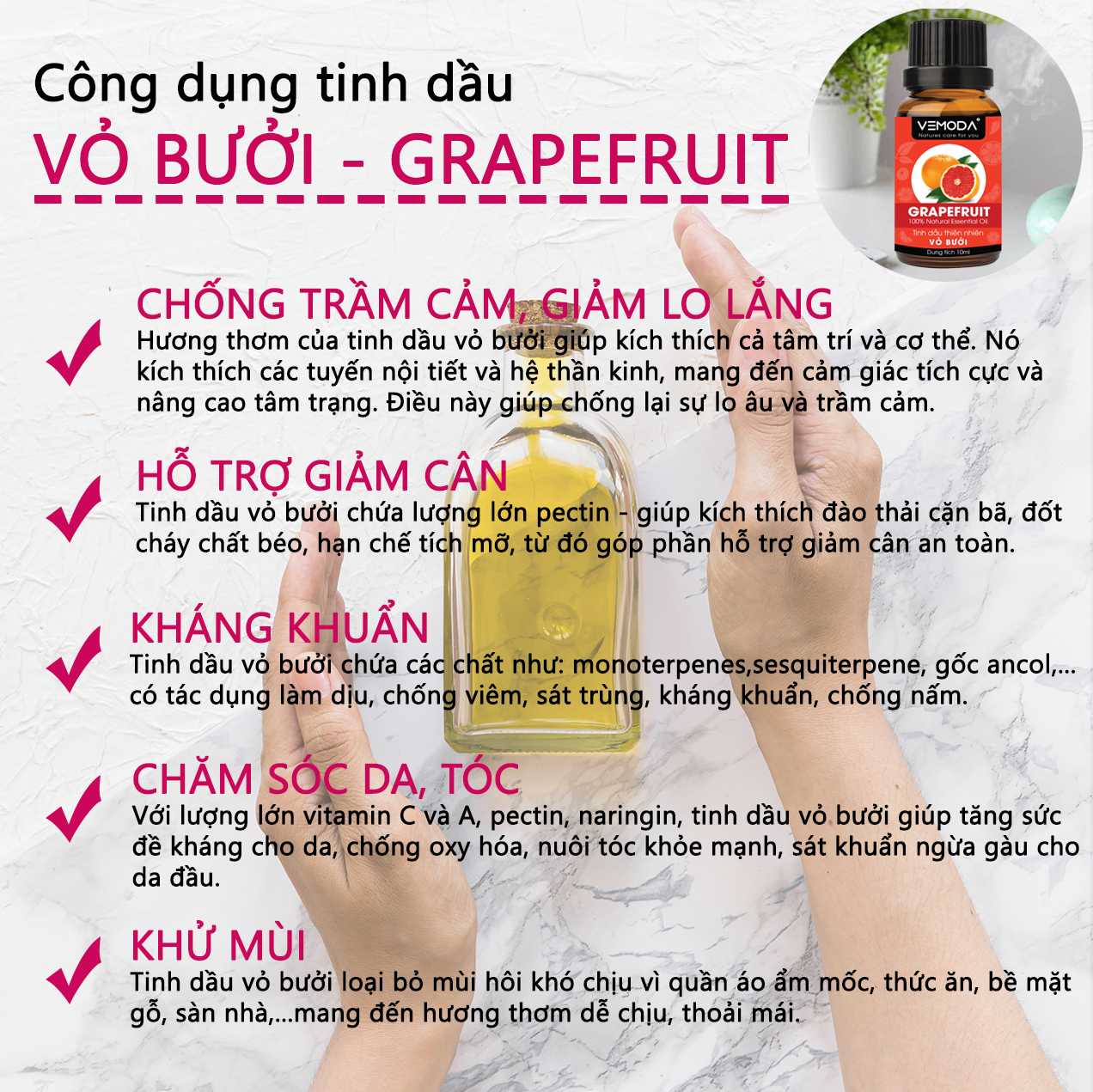 Tinh dầu xông phòng cao cấp gồm 3 chai tinh dầu nguyên chất Vemoda: tinh dầu Sả chanh (10ml) + tinh dầu Vỏ bưởi HG (10ml) +  tinh dầu Bạc hà (10ml)