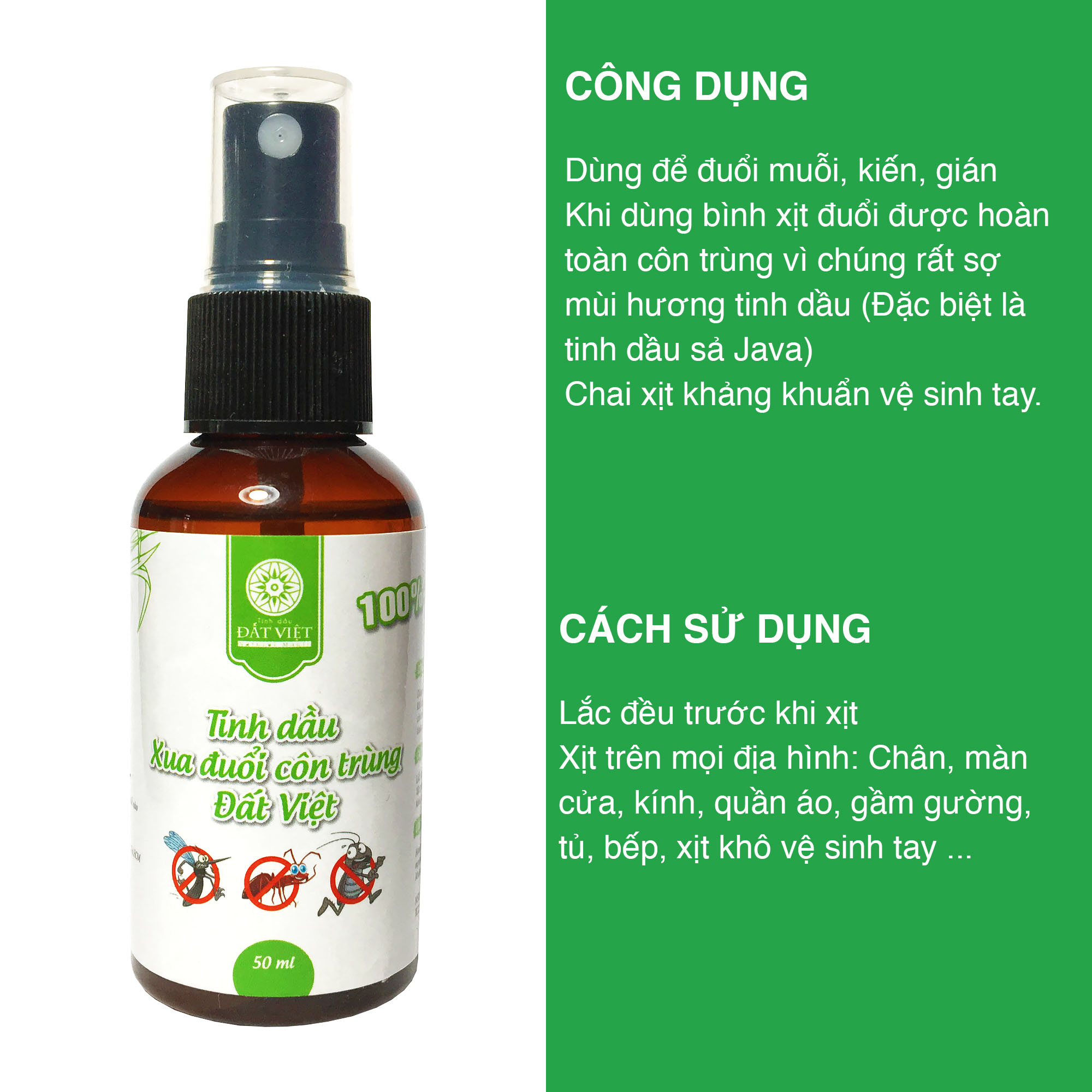 Tinh Dầu Xua Đuổi Côn Trùng - Xịt Kháng Khuẩn Vệ Sinh Tay Đất Việt 50ml