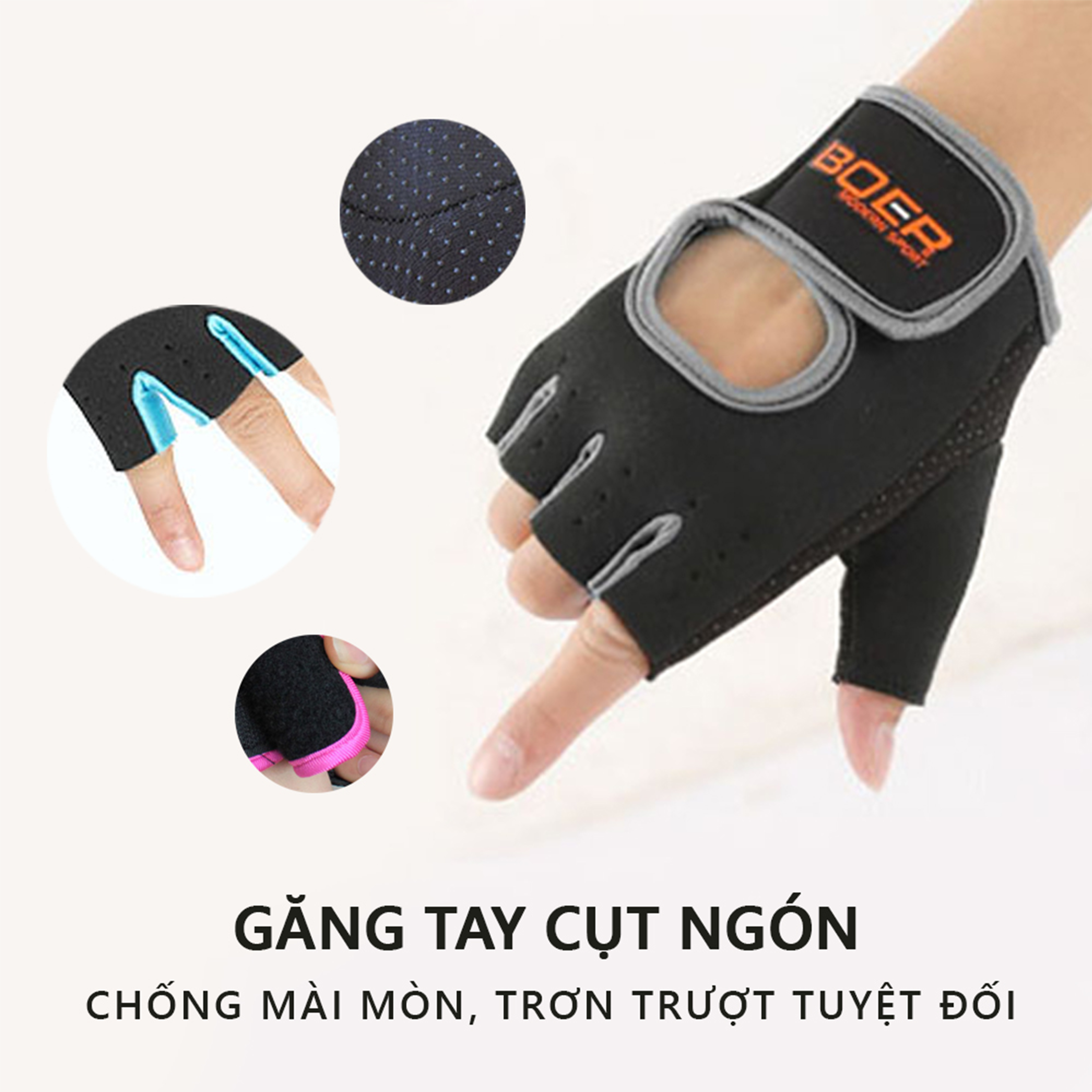 Găng tay cụt ngón nam nữ tập gym cao cấp Boer 1678 thoáng khí, ma sát, chống trượt, chống mài mòn, phong cách thể thao sử dụng tập gym, đi xe máy, xe đạp, đi phượt, nâng tạ, yoga, chống nắng Boer sports gloves