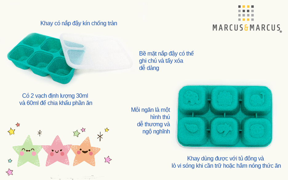 Khay silicon trữ đông đồ ăn dặm cho bé Marcus & Marcus - Ollie (60ml x 6 ngăn)