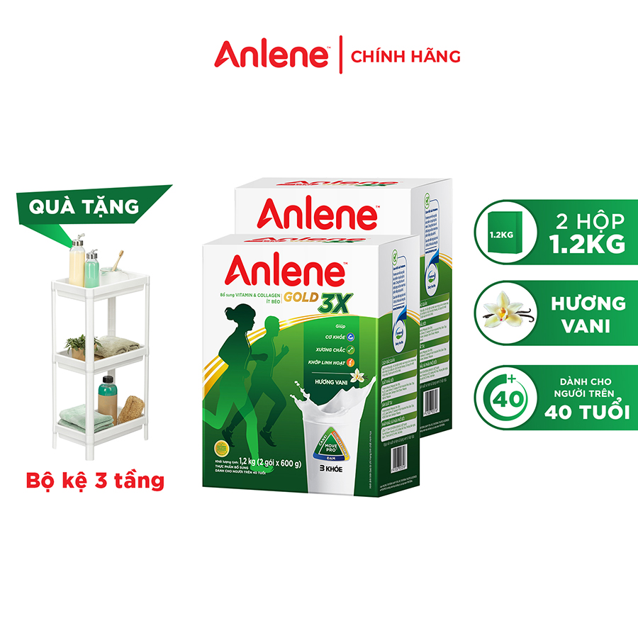 Combo 2 Sữa Bột Anlene Gold Movepro 3X Hương Vanilla (Hộp Giấy 1,2kg) Tặng kệ 3 tầng Inochi