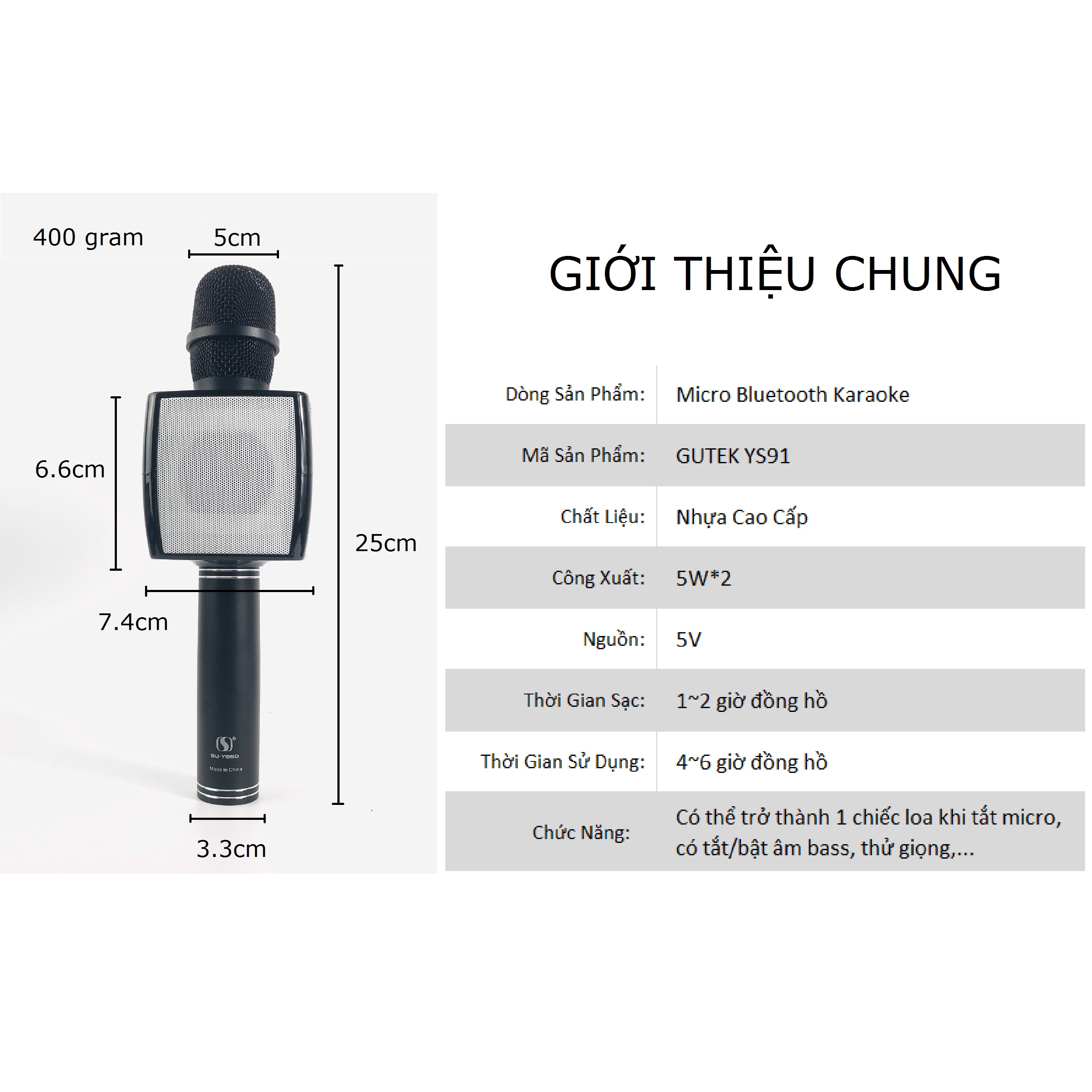 Micro Karaoke Bluetooth Kèm loa Bass GUTEK YS91 Âm Thanh Chất Lượng, Âm Bass Cực Ấm, Mic Bắt Giọng Cực Tốt, Hỗ Trợ Kết Nối USB, Thẻ Nhớ, Cổng 3.5, Nhiều Màu Sắc - Hàng chính hãng