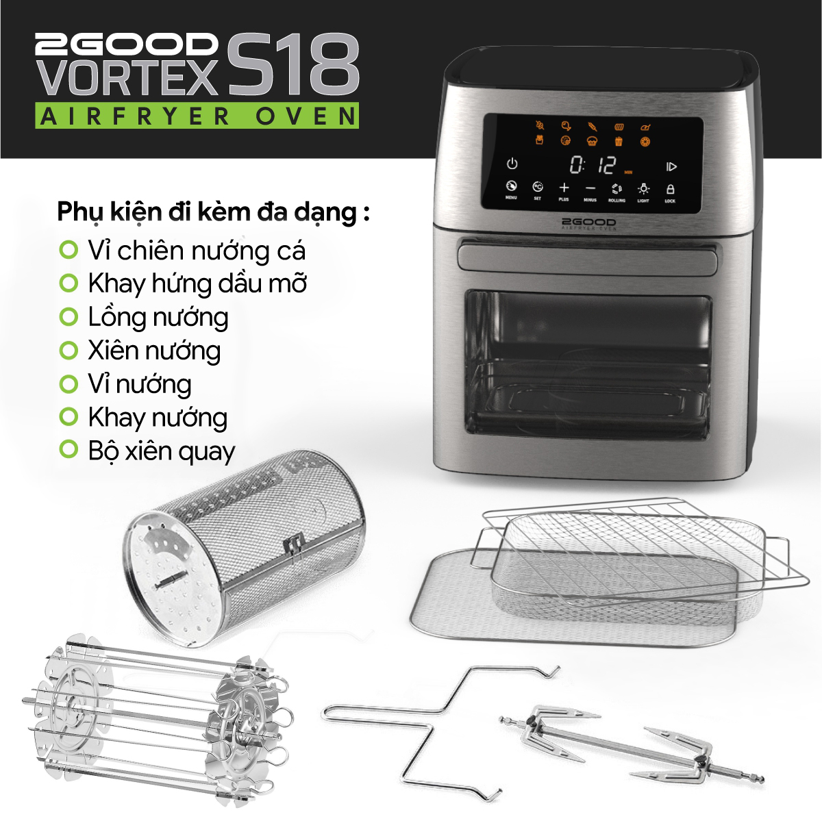 Nồi Chiên Không Dầu 2GOOD Vortex S-18 Air Fryer Oven - Hàng Chính Hãng
