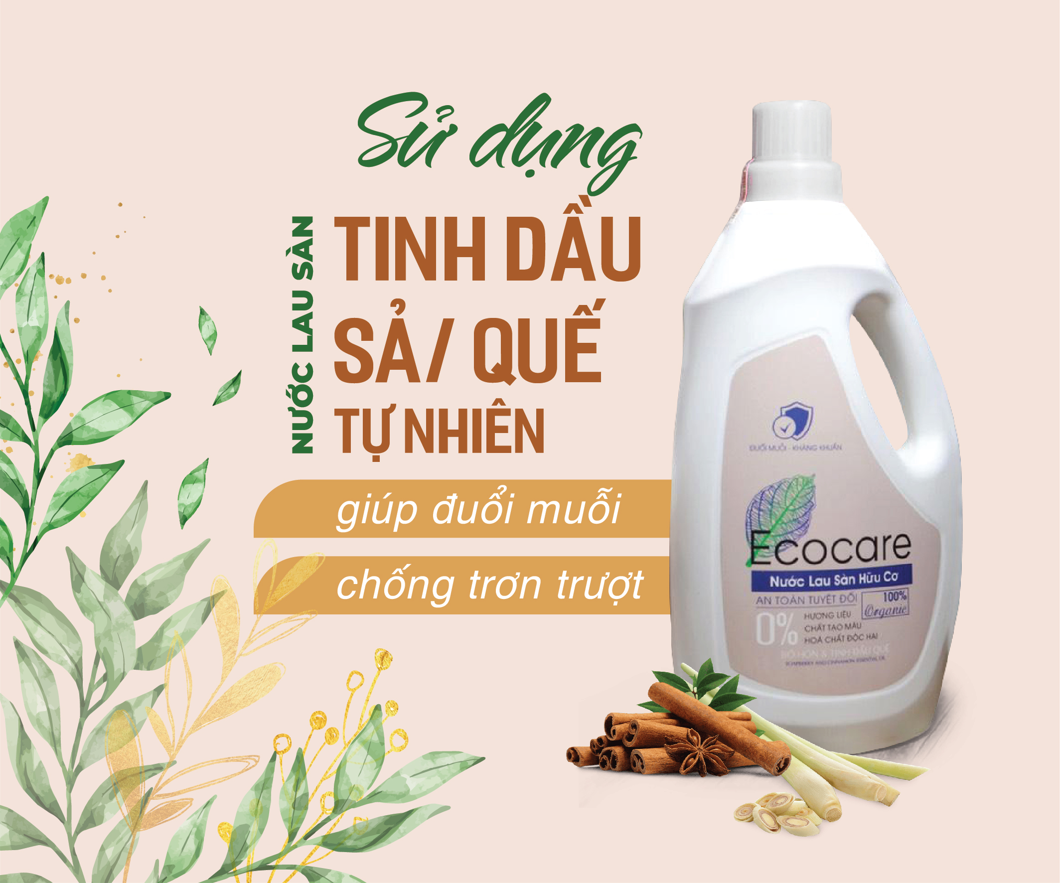 Nước lau sàn hữu cơ Bồ hòn Ecocare tinh dầu Quế 1000ml 