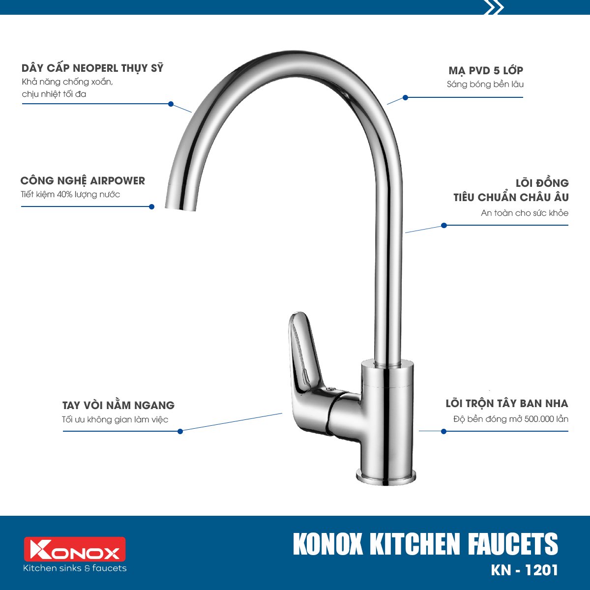 Vòi rửa bát Konox, Model KN1201 , Inox 304AISI tiêu chuẩn châu Âu, mã PVD 5 lớp sáng bóng, Hàng chính hãng