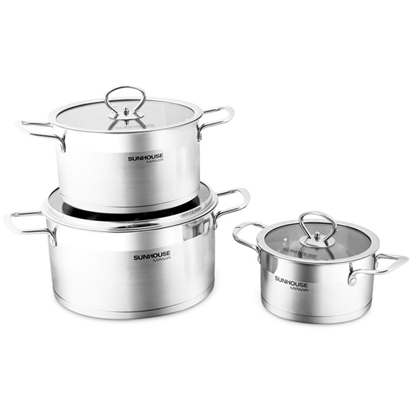 Bộ 3 Nồi Inox 5 Đáy Nắp Kính Sunhouse MAMA SH784