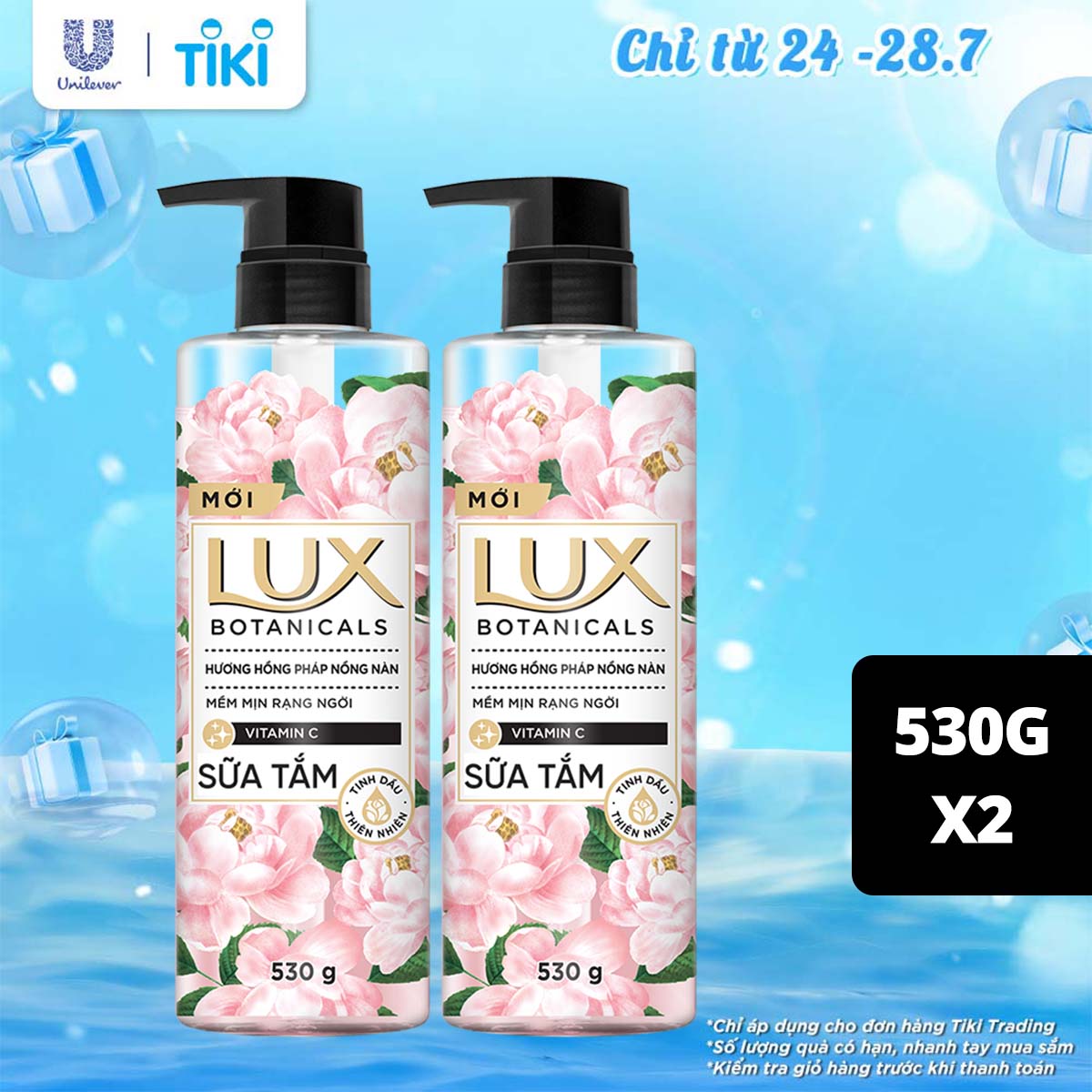 Combo Sữa Tắm Lux Botanical Hương Nước Hoa Hồng Pháp Nồng Nàn Hương Nước Hoa Cao Cấp Sáng Mịn Rạng Ngời 540G X2