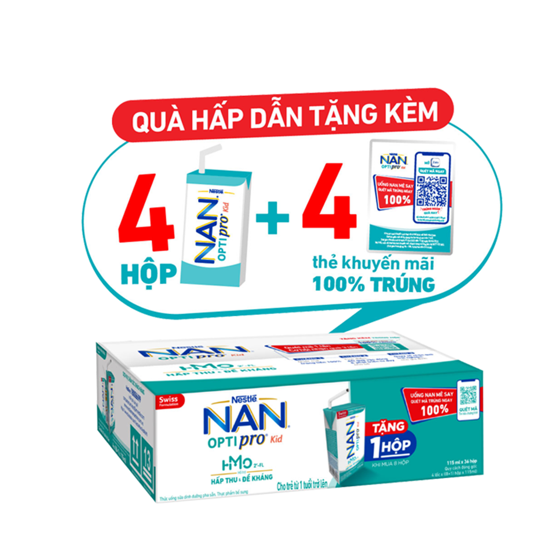 Thùng 36 hộp Sữa pha sẵn Nestlé® NAN® OPTIPRO® Kid Hộp pha sẵn 115ml ( 4x(9x115ml) ) - Mua 8 tặng 1