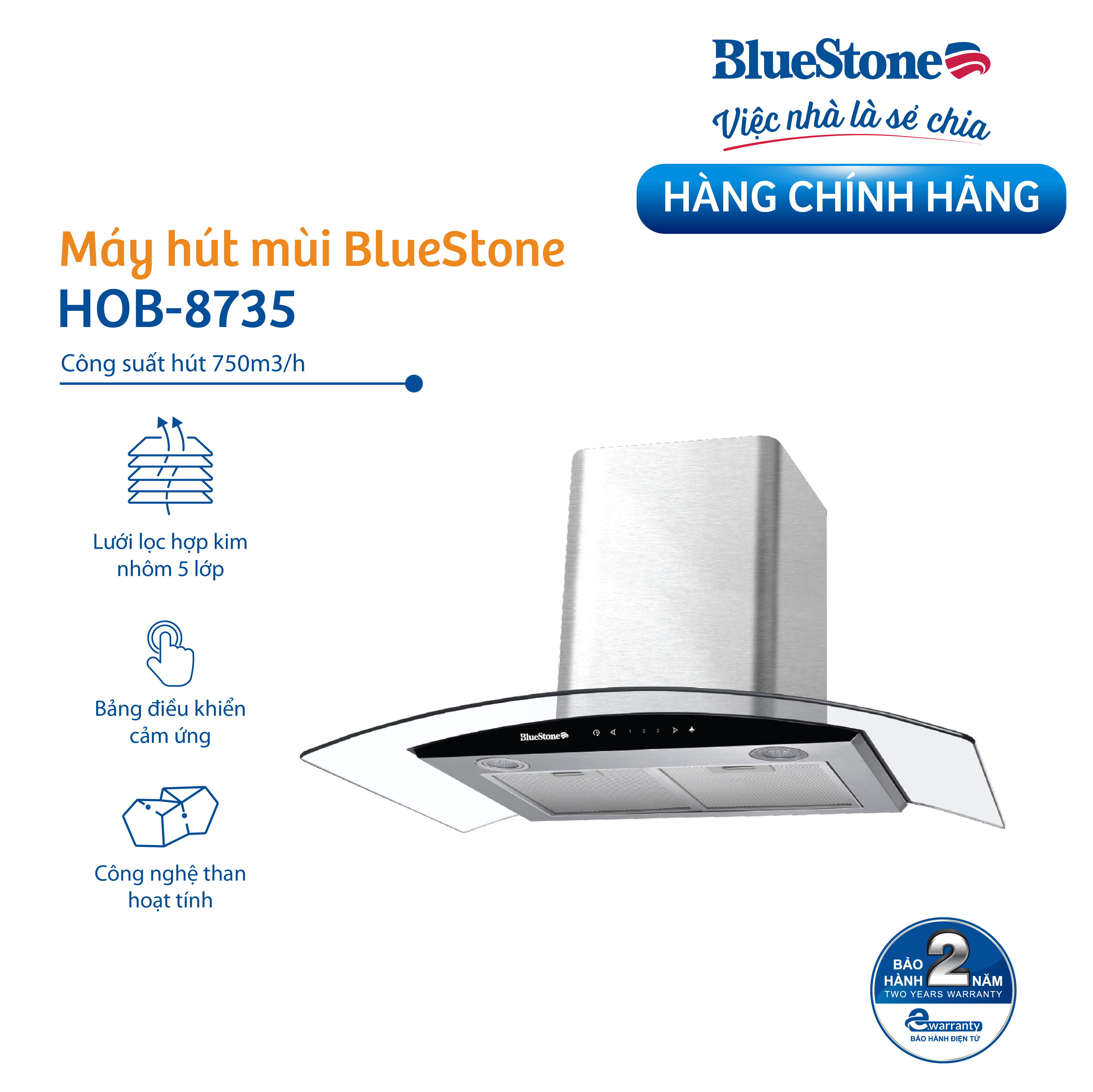 Máy hút mùi BlueStone HOB-8735 - Hàng chính hãng - Miễn phí lắp đặt HCM và HN