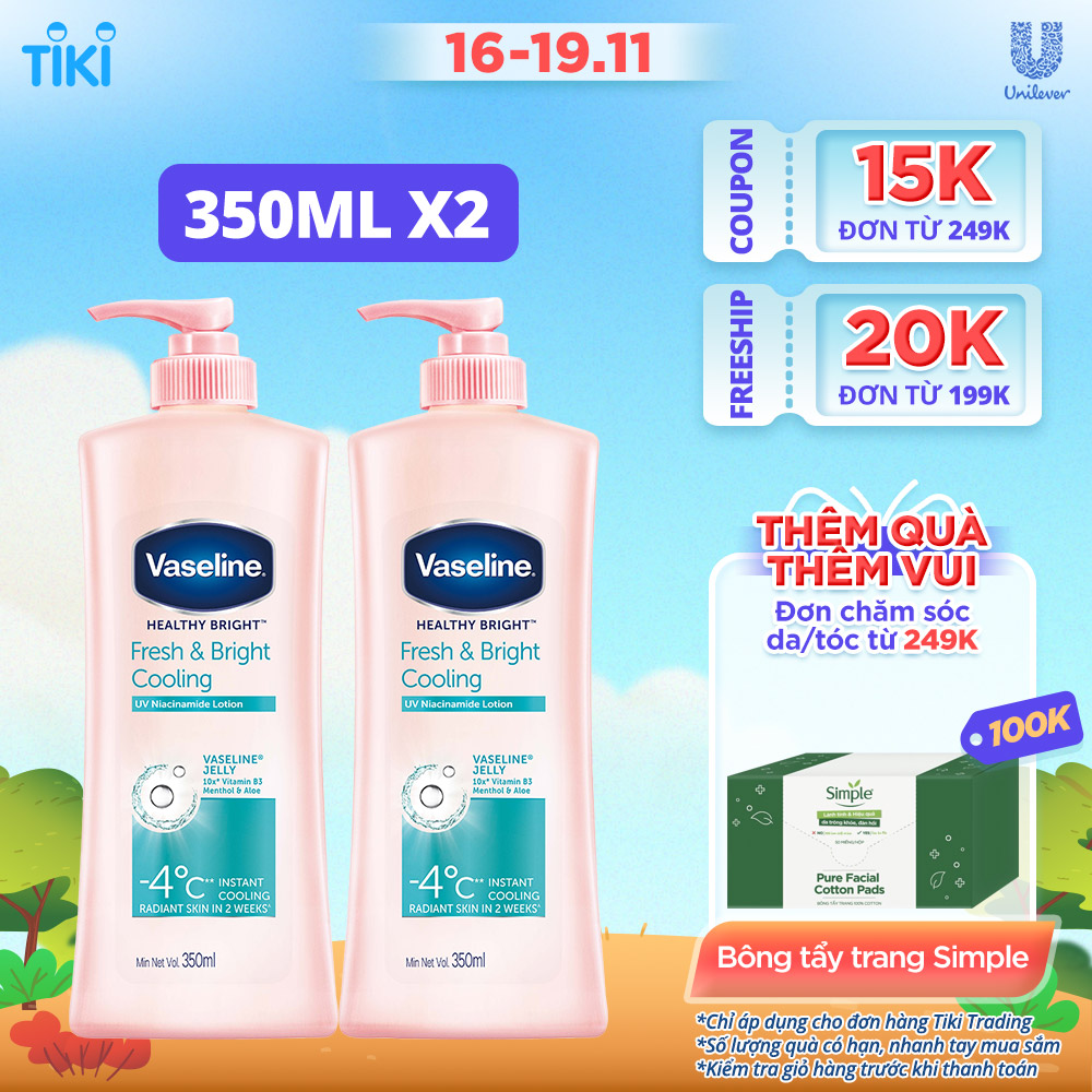 Combo 2 Gel dưỡng thể dưỡng sáng mát lạnh Vaseline Fresh &amp; Bright 350ML/chai