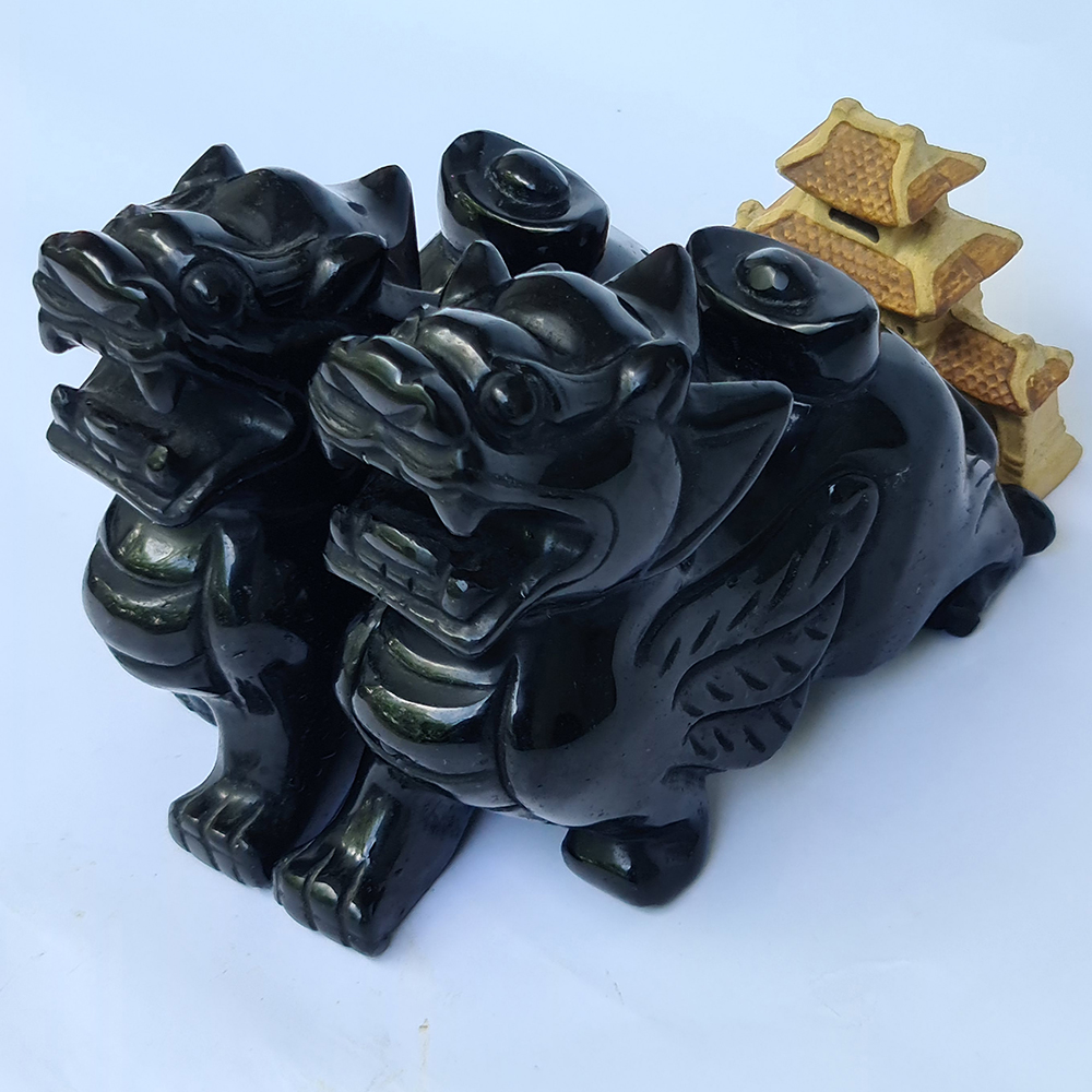 Cặp Tỳ Hưu Đá Núi Lửa Obsidian Đen - Mx - Hợp Mệnh Mộc, Thuỷ