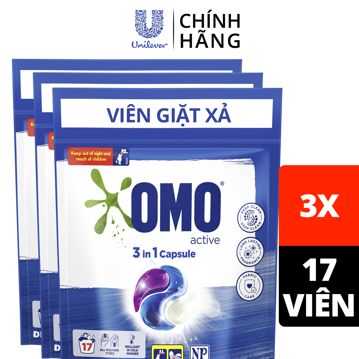 Combo 3 Túi Viên Giặt Quần Áo Omo Cho Máy Giặt Cửa Trước Và Cửa Trên Công Nghệ Anh Quốc 17 Viên