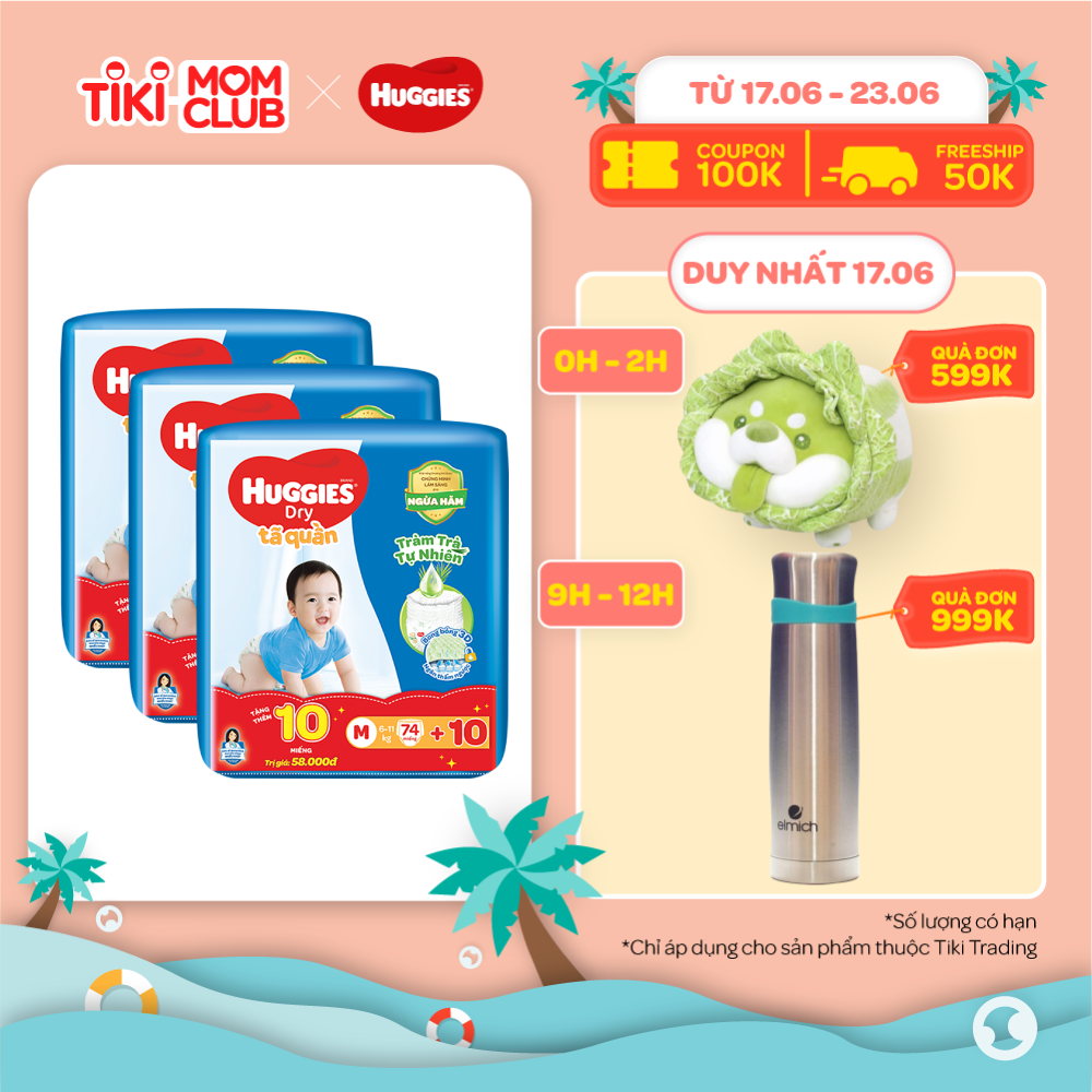 Combo 3 gói Tã Quần Huggies Dry Tràm Trà Tự Nhiên Gói Cực Đại M74 (74 miếng) + Tặng 10 miếng